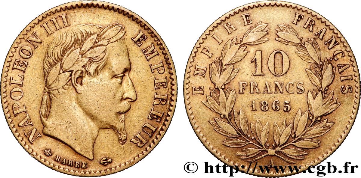 10 francs or Napoléon III, tête laurée 1865 Paris F.507A/9 VF 