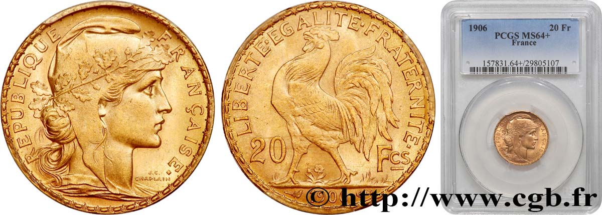 20 francs or Coq, Dieu protège la France 1906 Paris F.534/11 fST64 PCGS