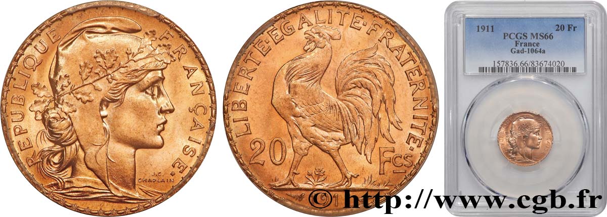 20 francs or Coq, Liberté Égalité Fraternité 1911 Paris F.535/5 MS66 PCGS