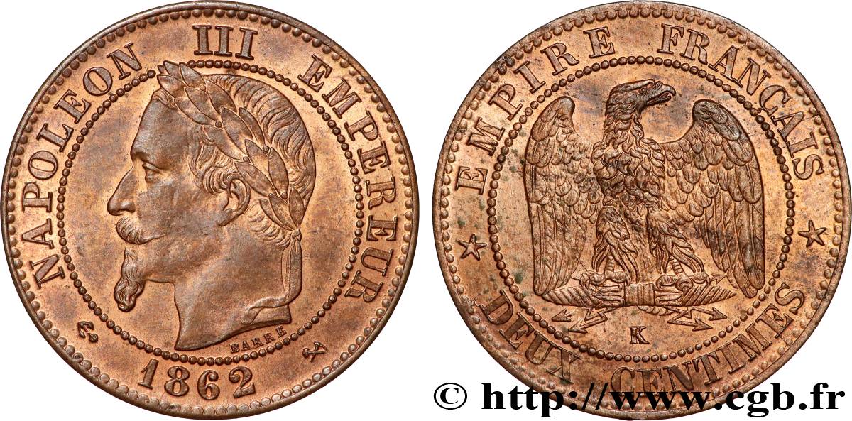 Deux centimes Napoléon III, tête laurée, buste définitif 1862 Bordeaux F.108A/7 SUP61 