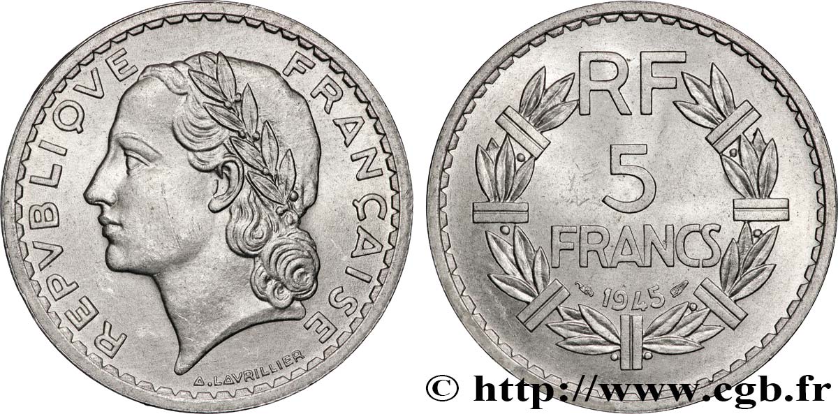 5 francs Lavrillier, aluminium, 9 ouvert 1945  F.339/3 SPL63 