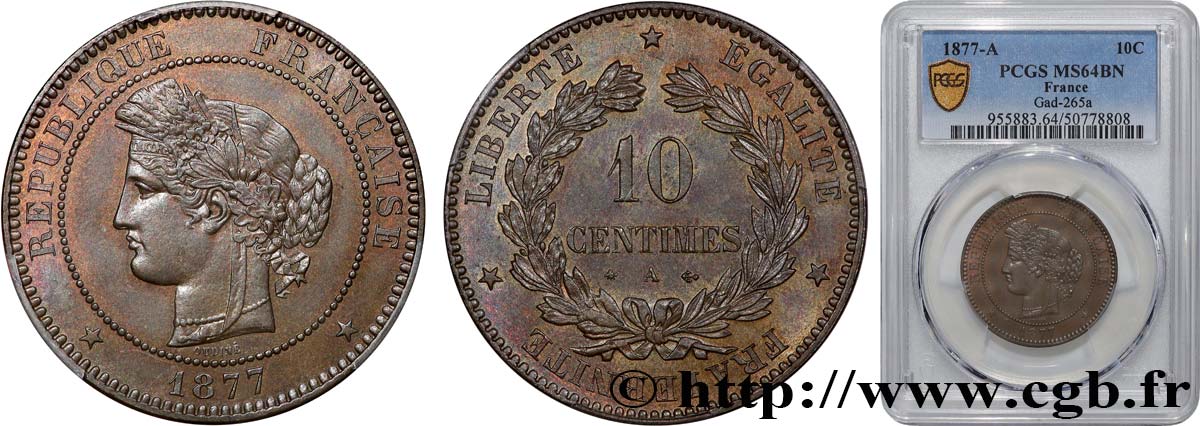 10 centimes Cérès 1877 Paris F.135/18 SPL64 PCGS