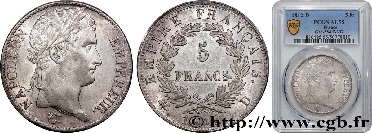 5 francs Napoléon Empereur, Empire français 1812 Lyon F.307/44 AU55 PCGS