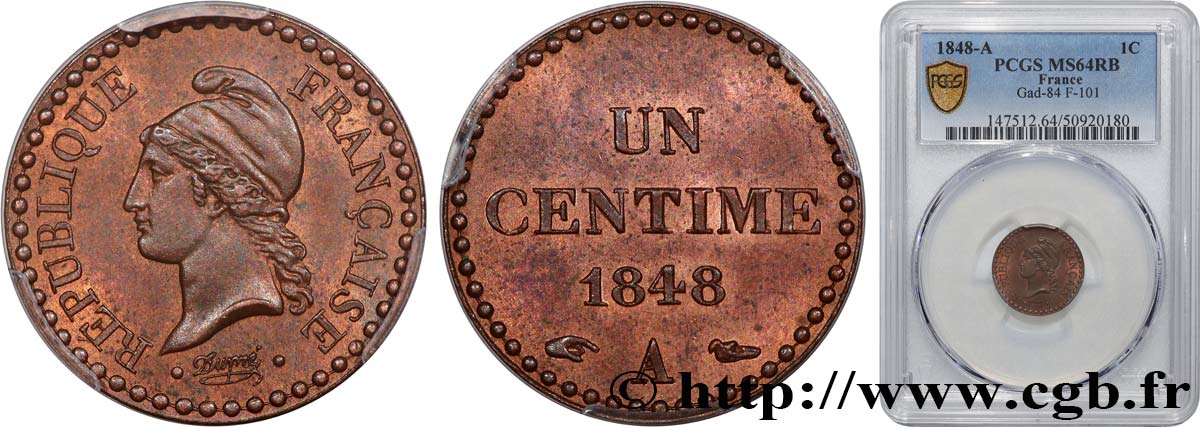 Un centime Dupré, IIe République 1848 Paris F.101/1 SC64 PCGS