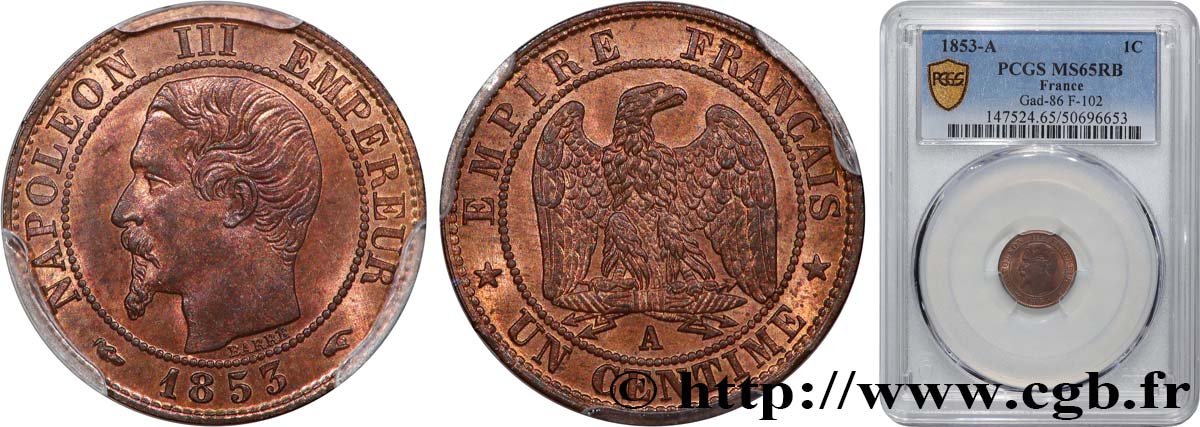 Un centime Napoléon III, tête nue 1853 Paris F.102/1 MS65 PCGS