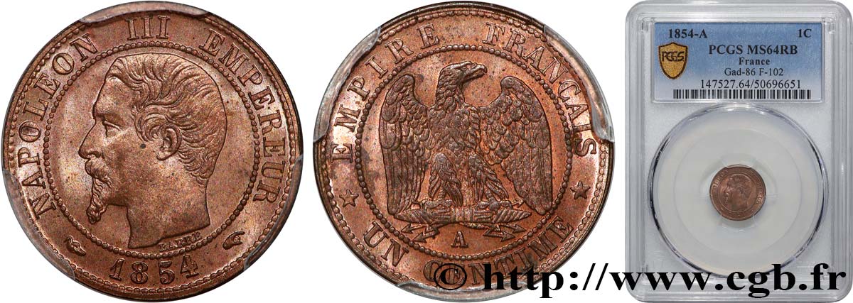Un centime Napoléon III, tête nue 1854 Paris F.102/9 MS64 PCGS