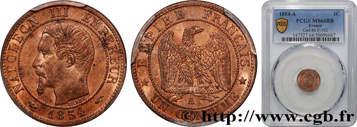 Un centime Napoléon III, tête nue 1854 Paris F.102/9 MS64 PCGS