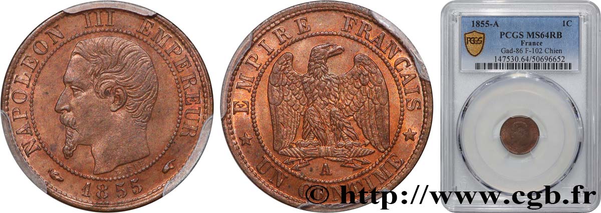Un centime Napoléon III, tête nue, différent levrette 1855 Paris F.102/15 SPL64 PCGS