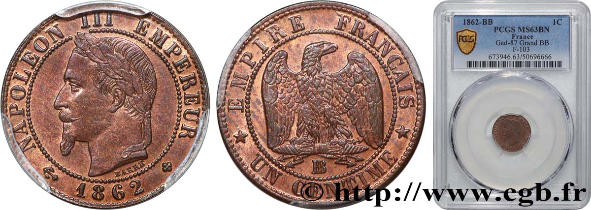 Un centime Napoléon III, tête laurée 1862 Strasbourg F.103/6 MS63 PCGS