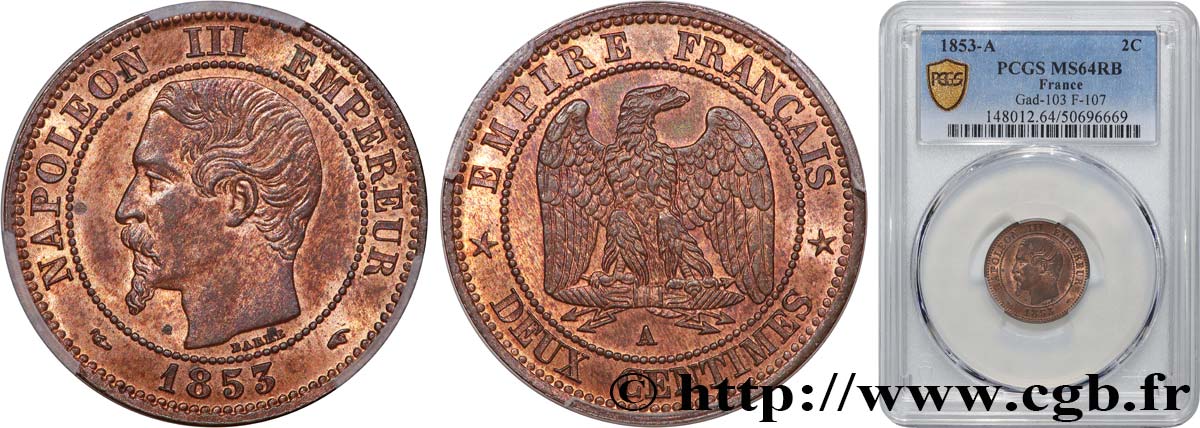 Deux centimes Napoléon III, tête nue 1853 Paris F.107/1 MS64 PCGS