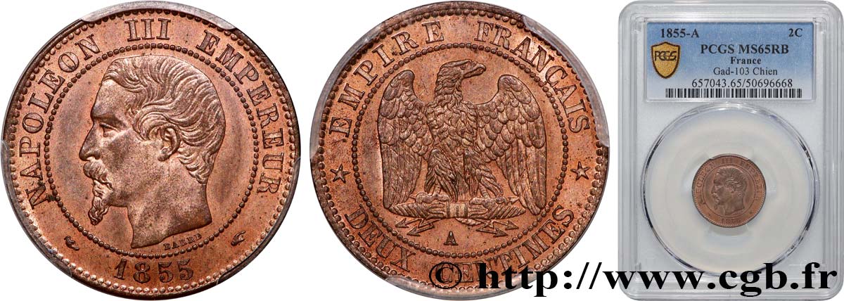 Deux centimes Napoléon III, tête nue 1855 Paris F.107/19 MS65 PCGS