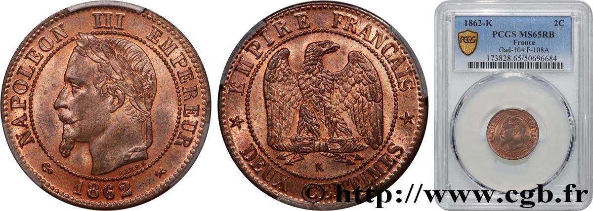 Deux centimes Napoléon III, tête laurée 1862 Bordeaux F.108A/7 MS65 PCGS