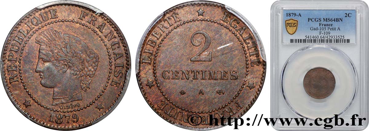 2 centimes Cérès 1879 Paris F.109/5 MS64 PCGS