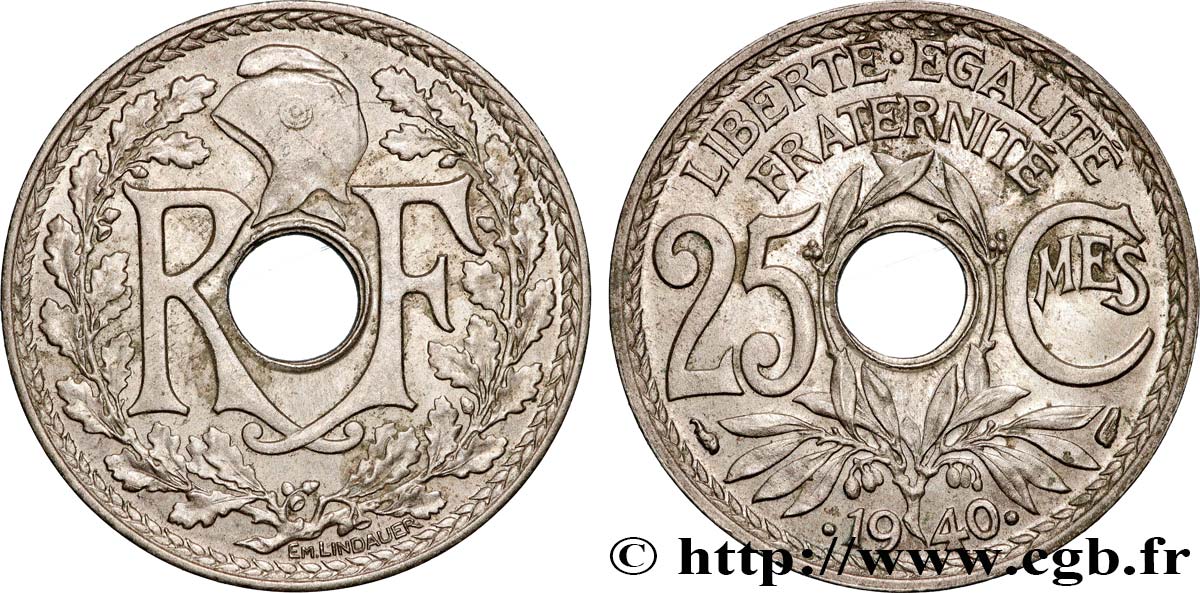 25 centimes Lindauer, maillechort 1940  F.172/4 AU58 