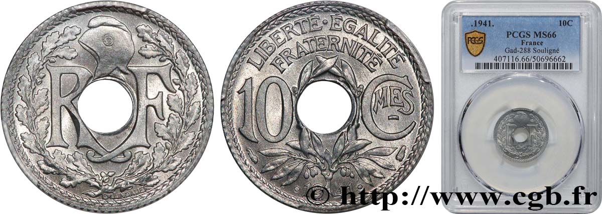 10 centimes Lindauer en zinc, Cmes souligné et millésime avec points 1941  F.140/2 MS66 PCGS