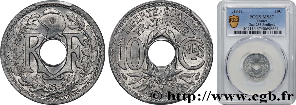 10 centimes Lindauer en zinc, Cmes souligné et millésime avec points 1941  F.140/2 MS67 PCGS