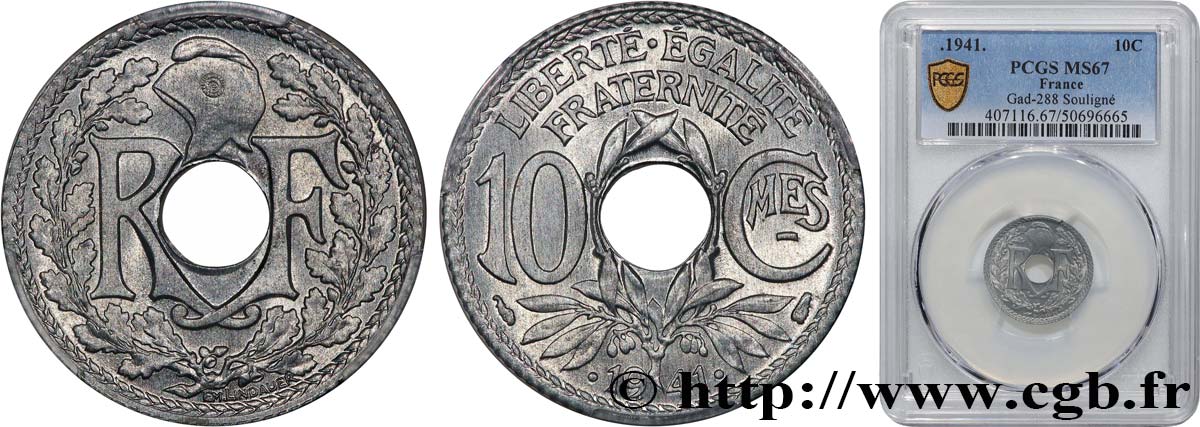 10 centimes Lindauer en zinc, Cmes souligné et millésime avec points 1941  F.140/2 MS67 PCGS