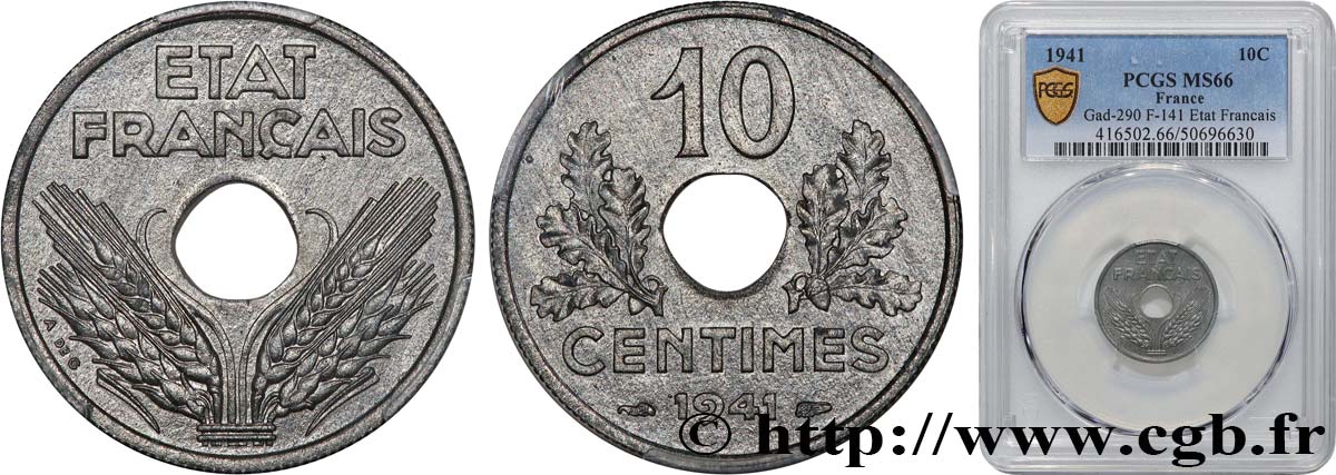 10 centimes État français, grand module 1941 Paris F.141/2 MS66 PCGS