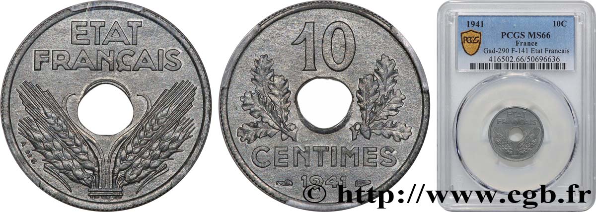 10 centimes État français, grand module 1941 Paris F.141/2 MS66 PCGS