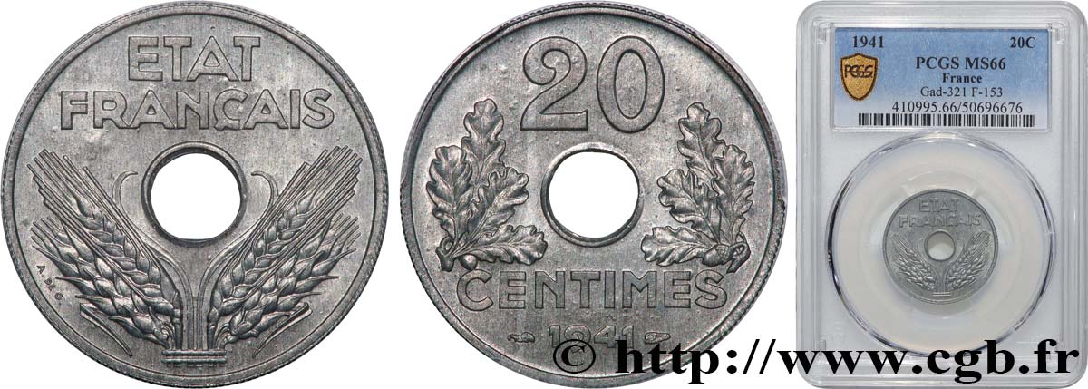 20 centimes État français, lourde 1941  F.153/2 MS66 PCGS