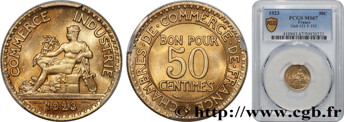 50 centimes Chambres de Commerce 1923 Paris F.191/5 MS67 PCGS