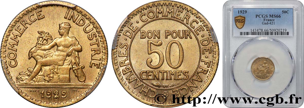 50 centimes Chambres de Commerce 1929  F.191/11 MS66 PCGS