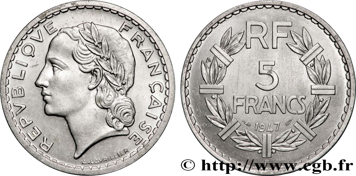 5 francs Lavrillier, aluminium 1947 Beaumont-Le-Roger F.339/12 SPL63 
