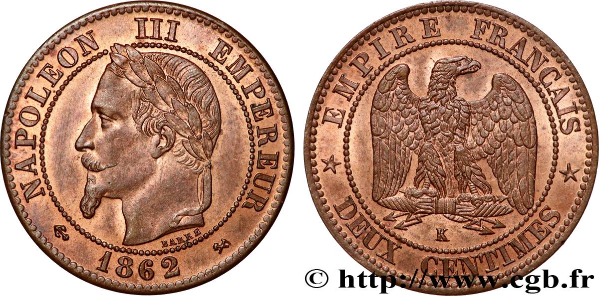Deux centimes Napoléon III, tête laurée, buste définitif 1862 Bordeaux F.108A/7 EBC62 