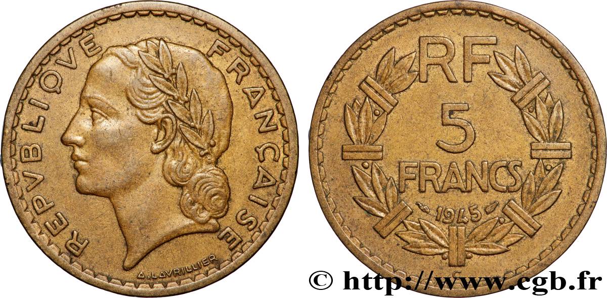 5 francs Lavrillier, bronze-aluminium 1945 Castelsarrasin F.337/6 TTB45 
