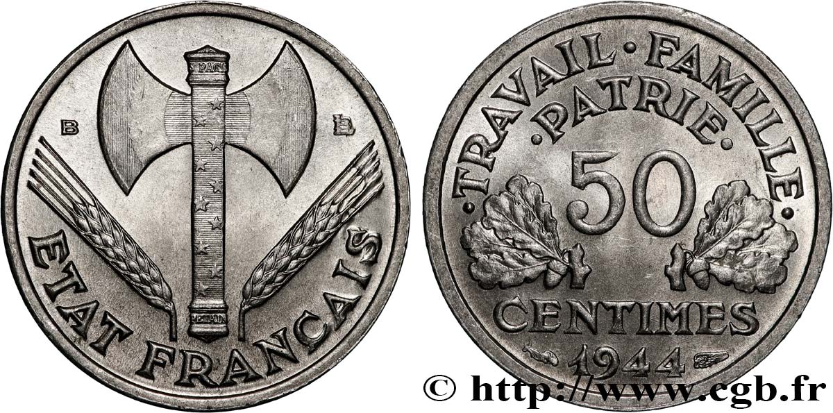 50 centimes Francisque, légère 1944 Beaumont-Le-Roger F.196/5 ST65 