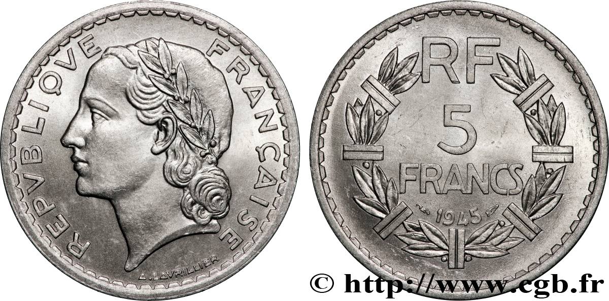 5 francs Lavrillier, aluminium, 9 ouvert 1945  F.339/3 fST64 