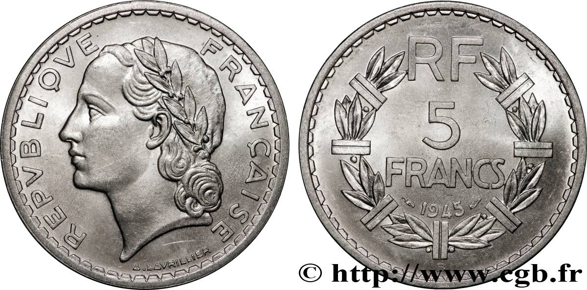 5 francs Lavrillier, aluminium 1945 Beaumont-Le-Roger F.339/4 fST64 