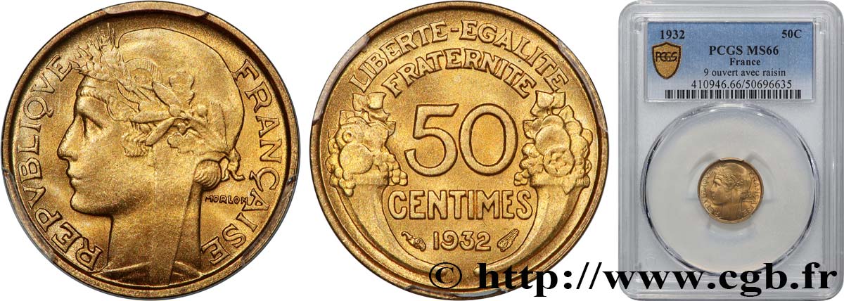 50 centimes Morlon, avec raisin, 9 et 2 ouverts 1932  F.192/7 FDC66 PCGS