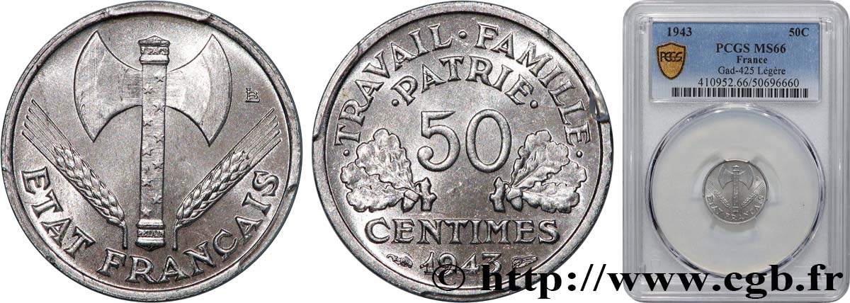 50 centimes Francisque, légère 1943  F.196/2 MS66 PCGS