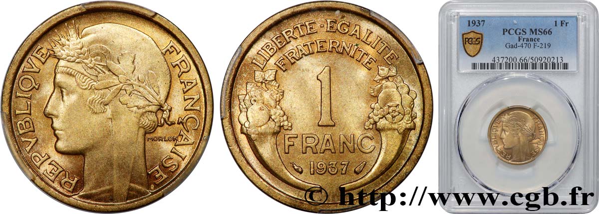 1 franc Morlon 1937 Paris F.219/8 MS66 PCGS