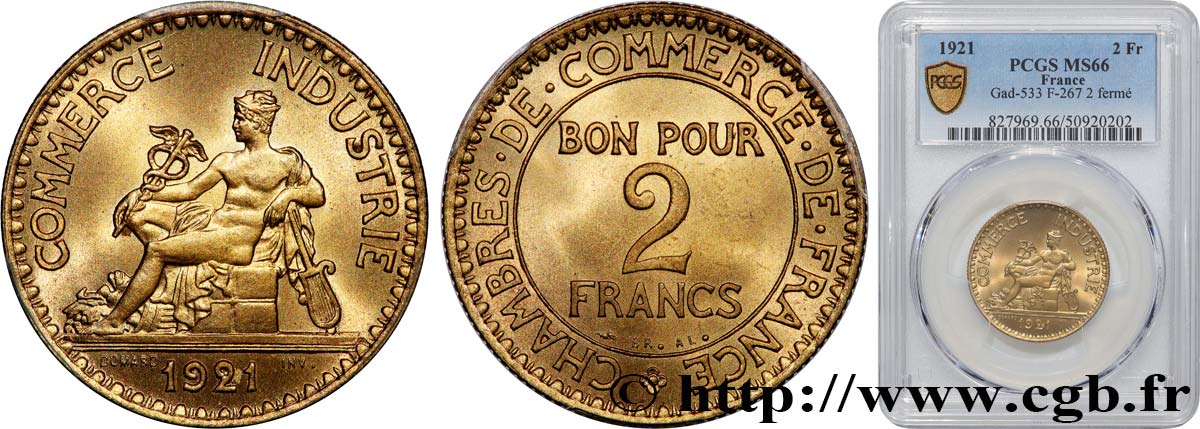 2 francs Chambres de Commerce 1921  F.267/3 MS66 PCGS