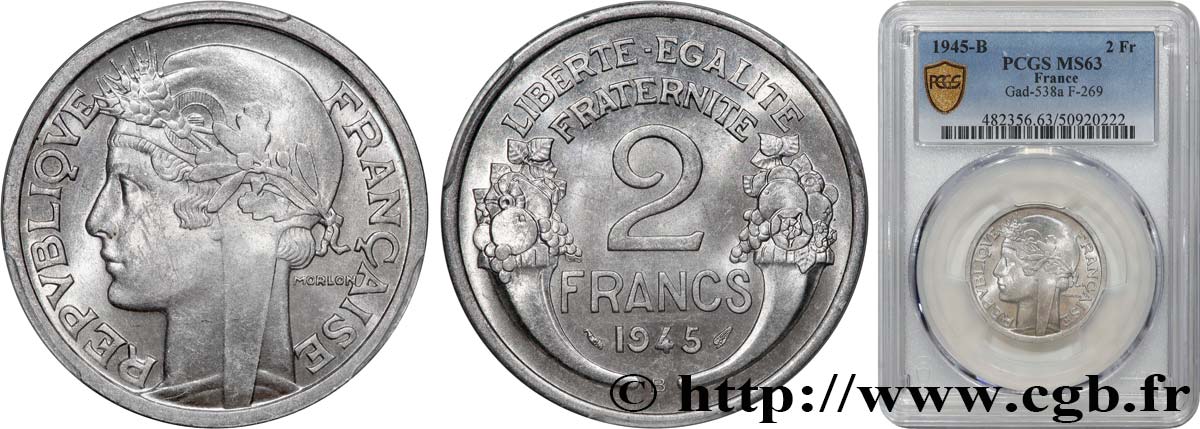 2 francs Morlon, aluminium 1945 Beaumont-Le-Roger F.269/6 MS63 PCGS