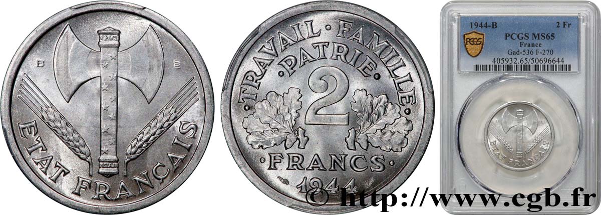 2 francs Francisque 1944 Beaumont-Le-Roger F.270/5 MS65 PCGS