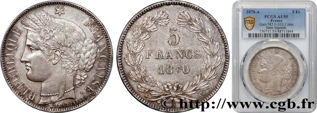 5 francs Cérès, sans légende 1870 Paris F.332/1 SUP55 PCGS