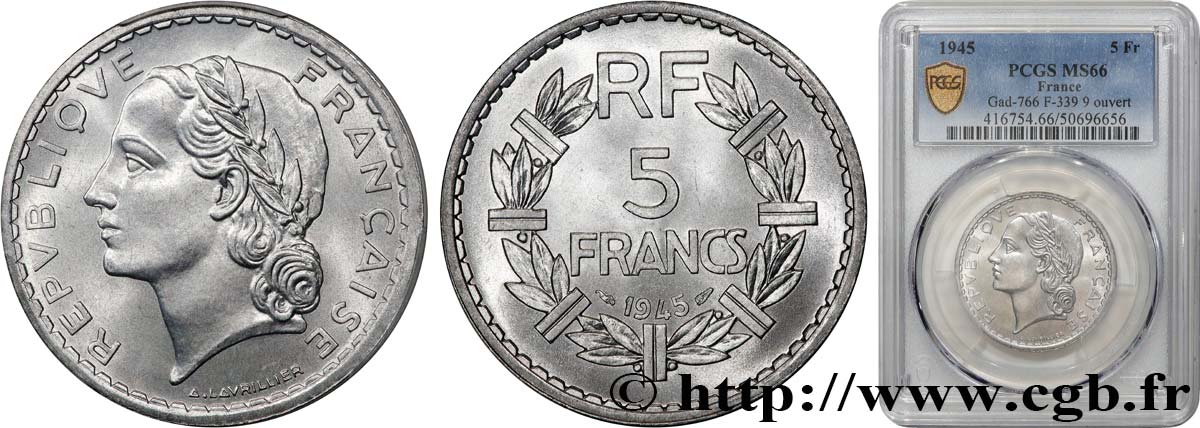 5 francs Lavrillier, aluminium, 9 ouvert 1945  F.339/3 MS66 PCGS