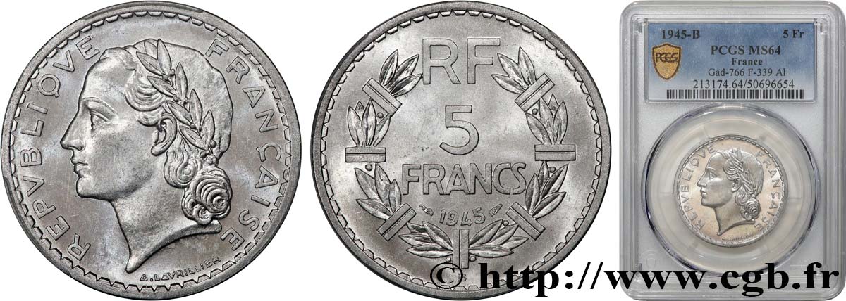 5 francs Lavrillier, aluminium 1945 Beaumont-Le-Roger F.339/4 SC64 PCGS