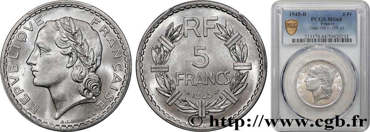 5 francs Lavrillier, aluminium 1945 Beaumont-Le-Roger F.339/4 SPL64 PCGS