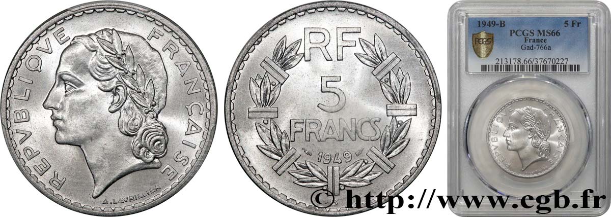 5 francs Lavrillier, aluminium 1949 Beaumont-le-Roger F.339/19 MS66 PCGS