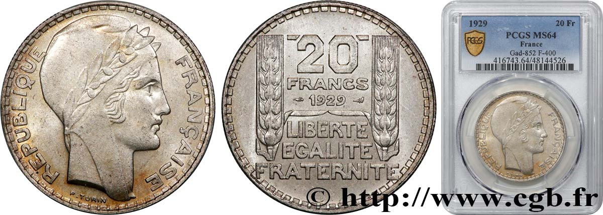 20 francs Turin 1929  F.400/2 MS64 PCGS