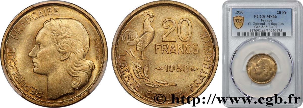 20 francs G. Guiraud 1950  F.402/3 MS66 PCGS