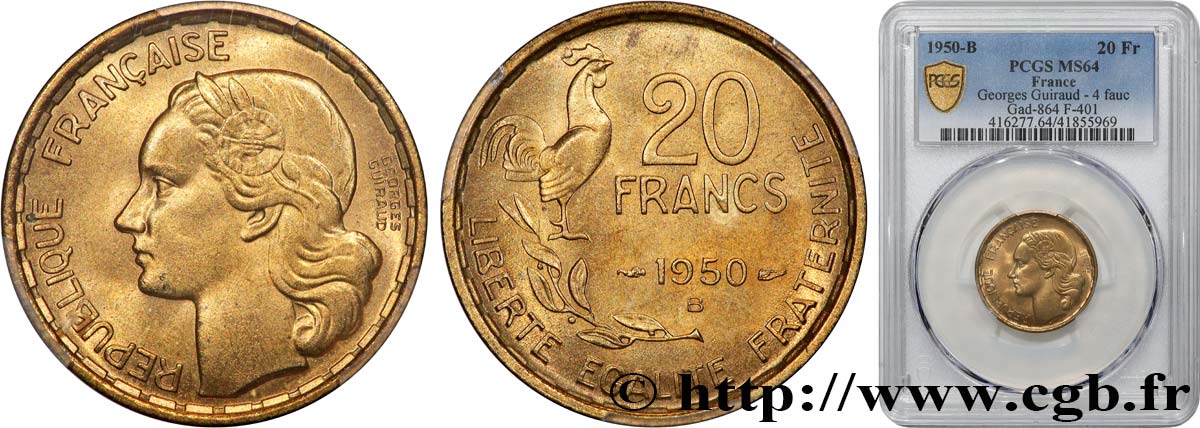 20 francs Georges Guiraud, 4 faucilles 1950 Beaumont-Le-Roger F.401/3 MS64 PCGS