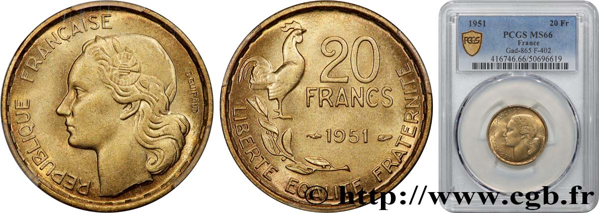 20 francs G. Guiraud 1951  F.402/7 MS66 PCGS