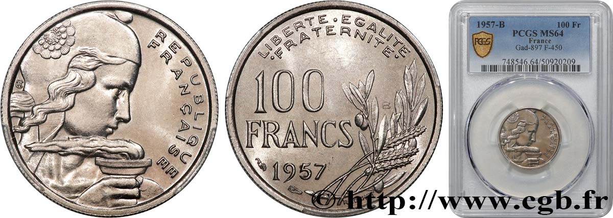 100 francs Cochet 1957 Beaumont-Le-Roger F.450/11 SPL64 PCGS