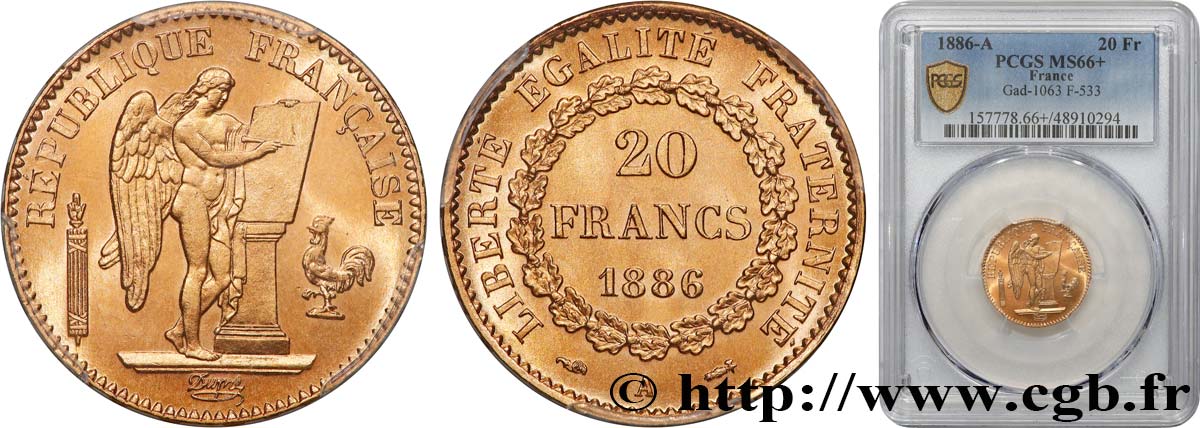 20 francs or Génie, IIIe République 1886 Paris F.533/9 MS66 PCGS