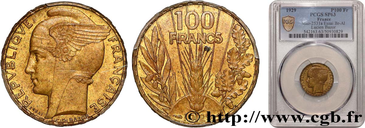 Concours de 100 francs or, essai de Bazor en bronze-aluminium 1929 Paris GEM.288 7 MS63 PCGS